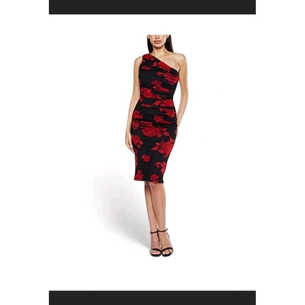 Premier Amour Womens Black Bodycon Dress With Red Roses One Shoulder Size 6